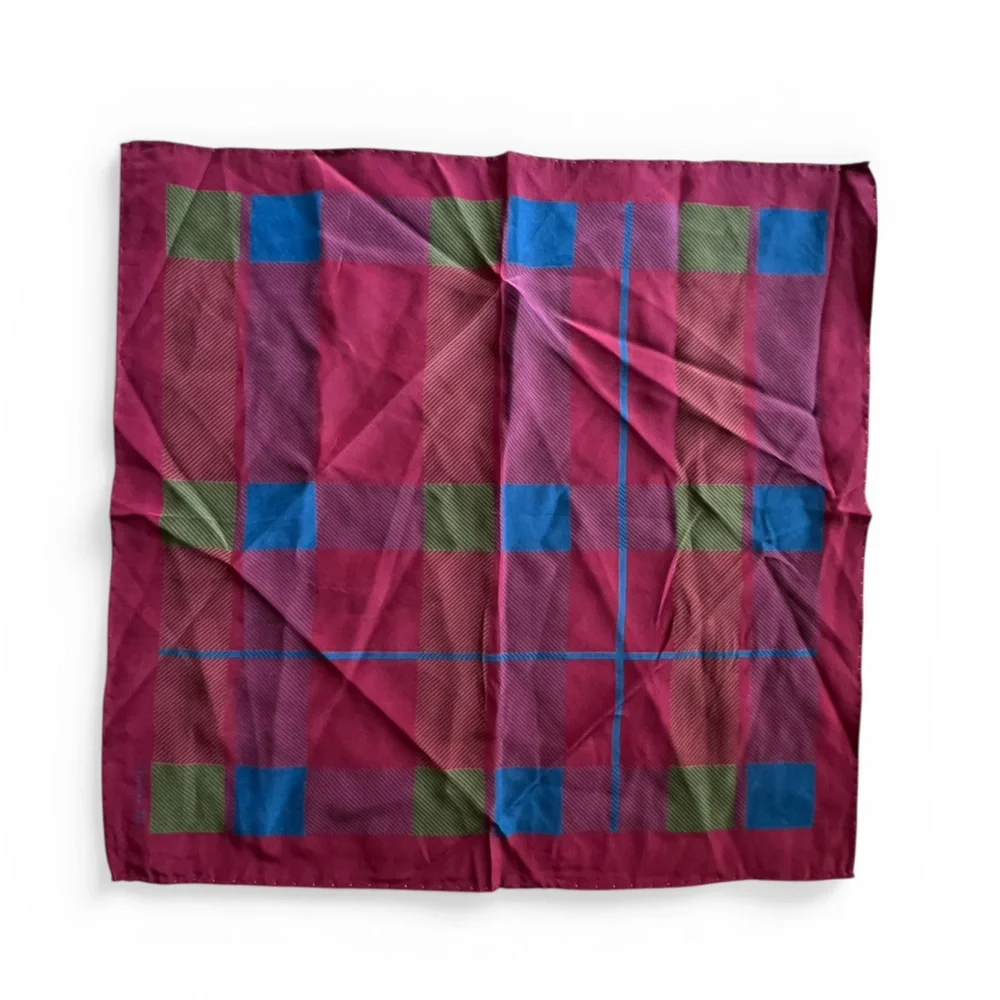 Christian Dior Silk Pocket Square with Burgundy, Blue & Olive Check design